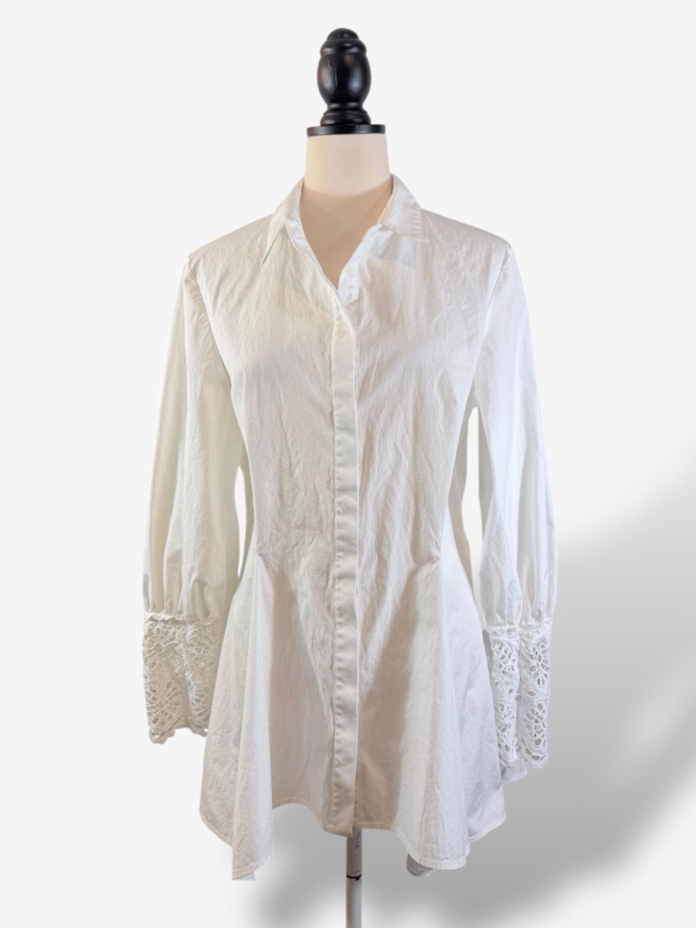 Lela Rose White Embroidered Eyelet Poplin Shirt Size 12 Puff Sleeve Button Front